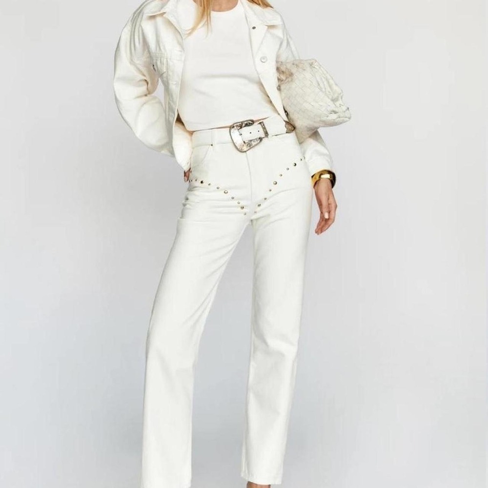 Reformation White Cowboy Studded High Rise Straight Leg Jeans Size 25